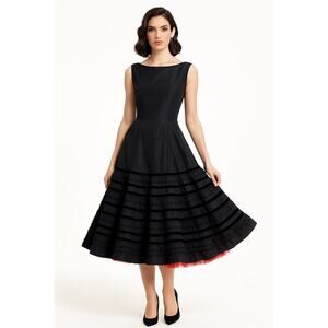 1950s Style Black Velvet Trim Tiered Cocktail Dress Red Tulle Unbranded Small